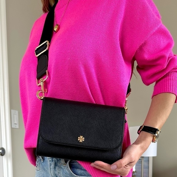 NEW Tory Burch bag crossbody black leather gold-tone hardware 2 straps NWT - Picture 3 of 15